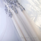 A Line Round Neck Half Sleeves Gray Lace Prom Dress, Gray Floral Long Prom Dresses