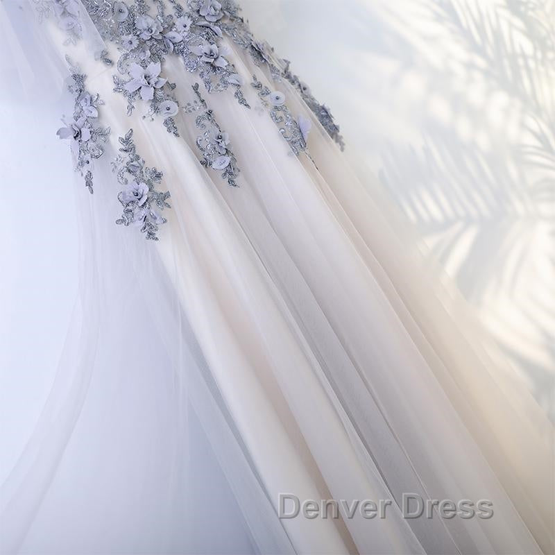 A Line Round Neck Half Sleeves Gray Lace Prom Dress, Gray Floral Long Prom Dresses