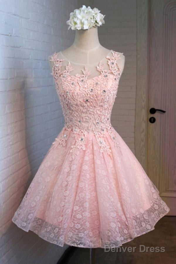A-Line Round Neck Lace Beaded Homecoming Dress Cocktail Dress