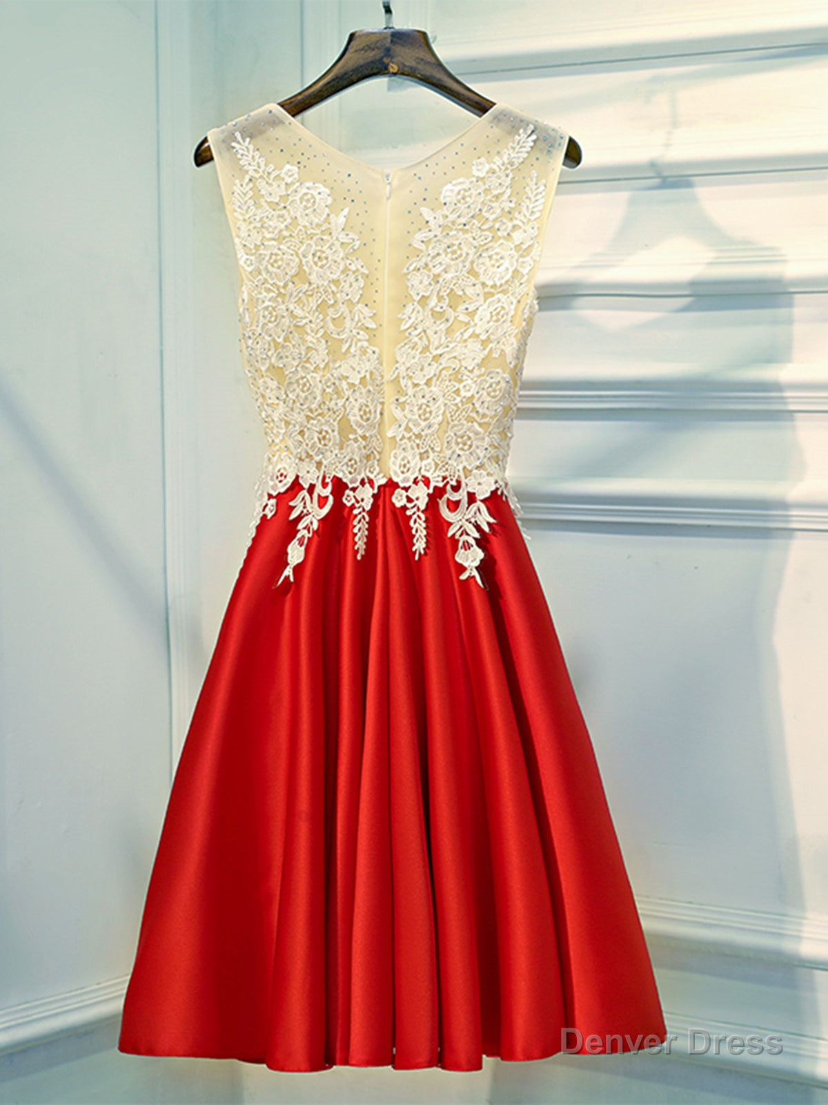 A Line Round Neck Red Short Lace Prom Dress, Short Red Lace Prom Homecoming Dresses Secondary image