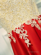 A Line Round Neck Red Short Lace Prom Dress, Short Red Lace Prom Homecoming Dresses