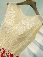 A Line Round Neck Red Short Lace Prom Dresses, Short Red Lace Formal Homecoming Dresses