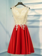 A Line Round Neck Red Short Lace Prom Dress, Short Red Lace Prom Homecoming Dresses