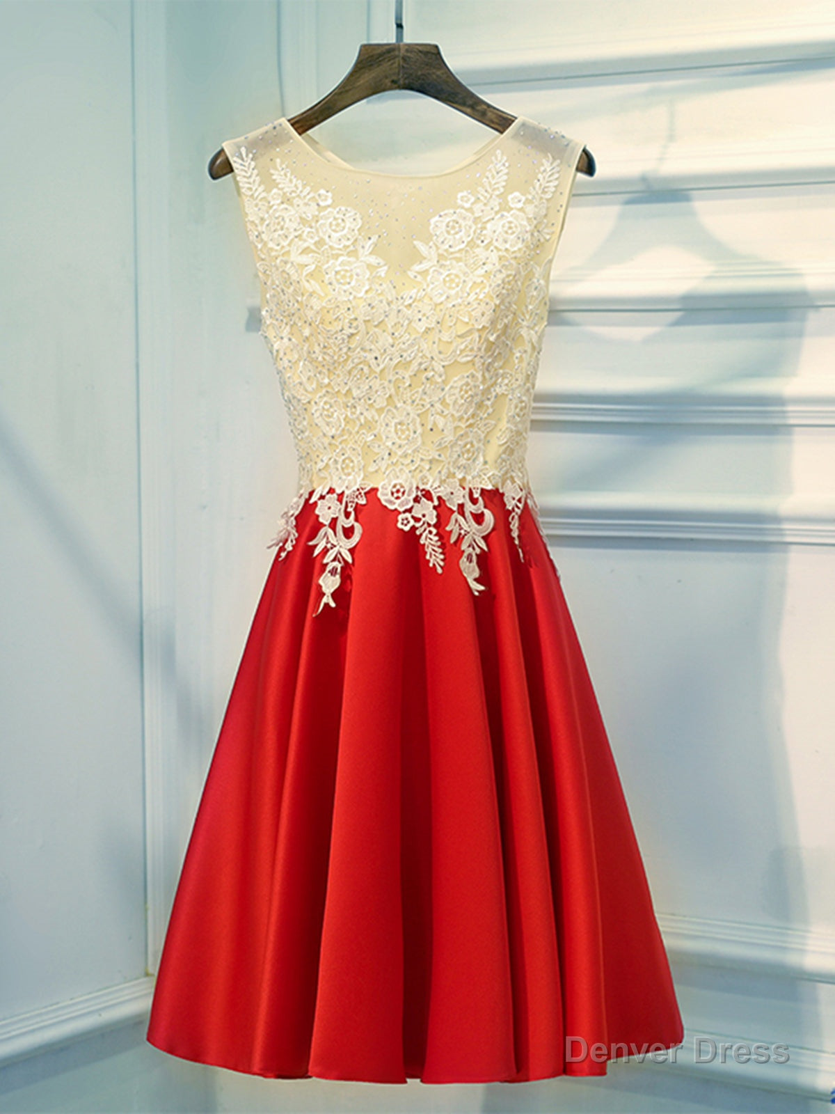 A Line Round Neck Red Short Lace Prom Dress, Short Red Lace Prom Homecoming Dresses