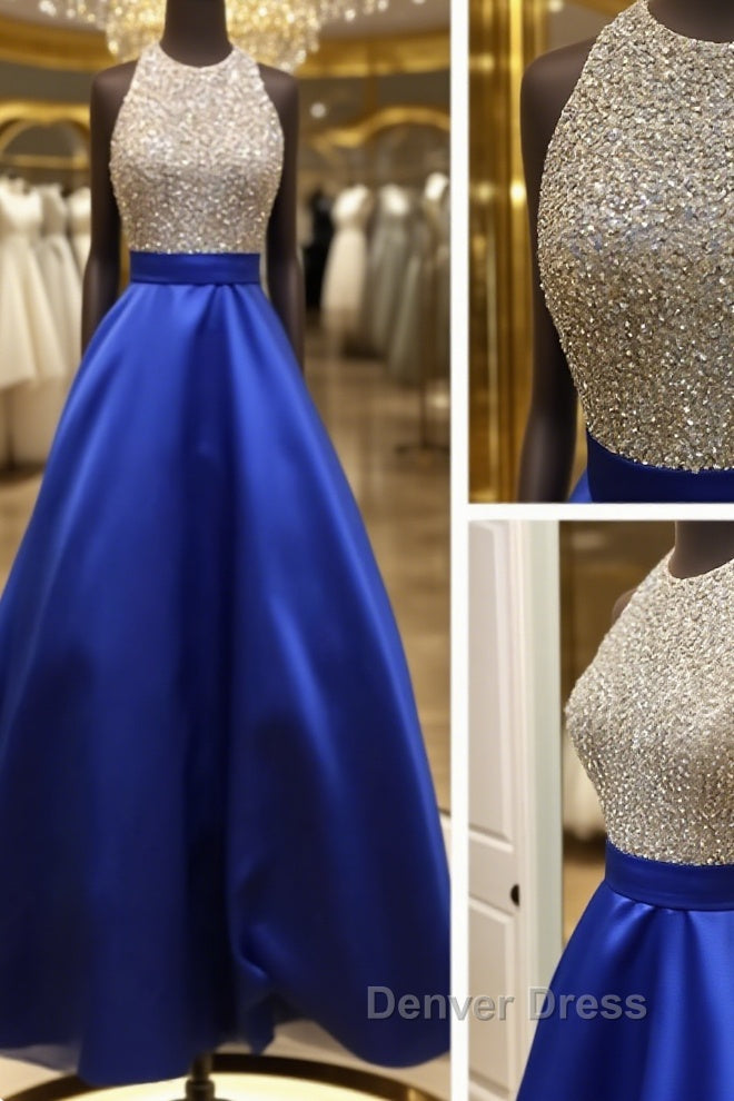 A Line Round Neck Sequins Backless Royal Blue Prom Dress, Royal Blue Prom Dress, Backless Royal Blue Prom Dresses Main image