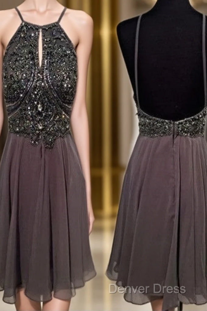 A Line Round Neck Short Grey Backless Prom Dresses, Short Grey Backless Formal Dresses, Homecoming Dresses, Graduation Dresses Main image