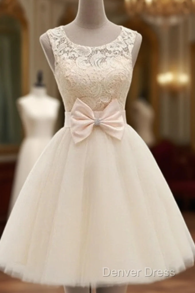 A Line Round Neck Short Ivory Lace Prom Dresses, Short Champagne Lace Bridesmaid Dresses, Lace Homecoming Dresses, Lace Graduation Dresses