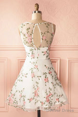 A Line Round Neck Short Lace Floral Prom Dresses, Short Lace Floral Formal Homecoming Dresses