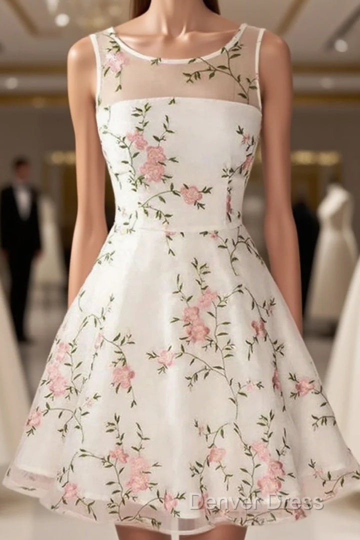 A Line Round Neck Short Lace Floral Prom Dresses, Short Lace Floral Formal Homecoming Dresses Main image