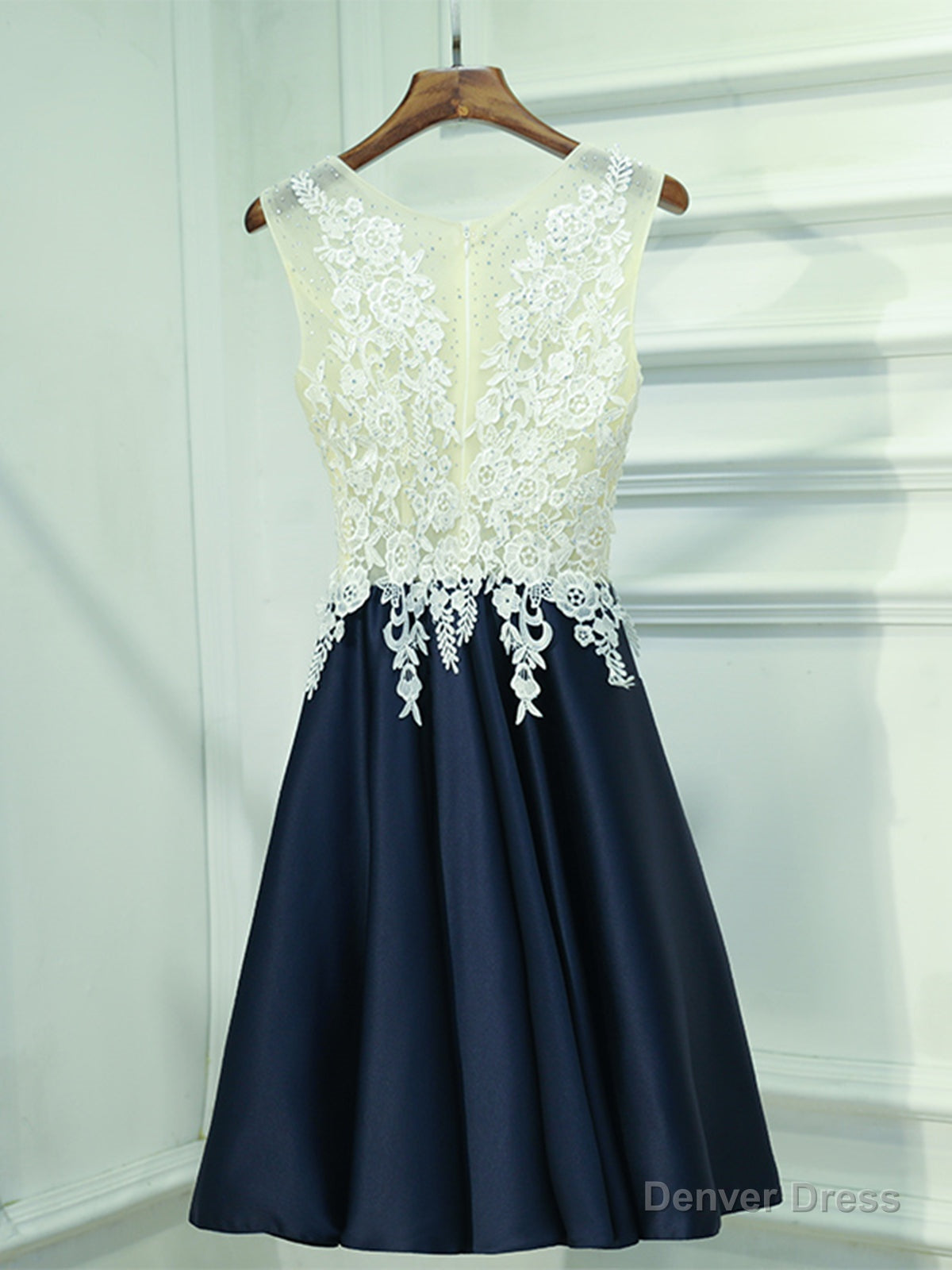 A Line Round Neck Short Lace Prom Dresses, Navy Blue Short Lace Formal Homecoming Dresses