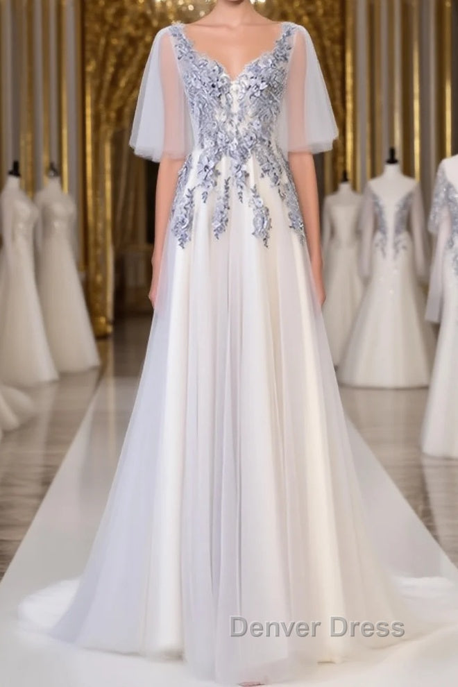 A Line Round Neck Short Sleeves Lace Prom Dress With Appliques, Lace Prom Dresses Main image