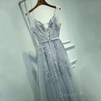 A Line Round Neck Sleeveless Grey Lace Prom Dress, Lace Bridesmaid Dress, Prom Dresses