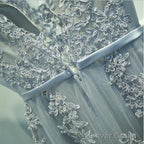 A Line Round Neck Sleeveless Grey Lace Prom Dress, Lace Bridesmaid Dress, Prom Dresses