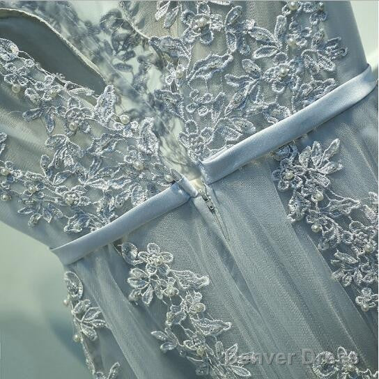 A Line Round Neck Sleeveless Grey Lace Prom Dress, Lace Bridesmaid Dress, Prom Dresses