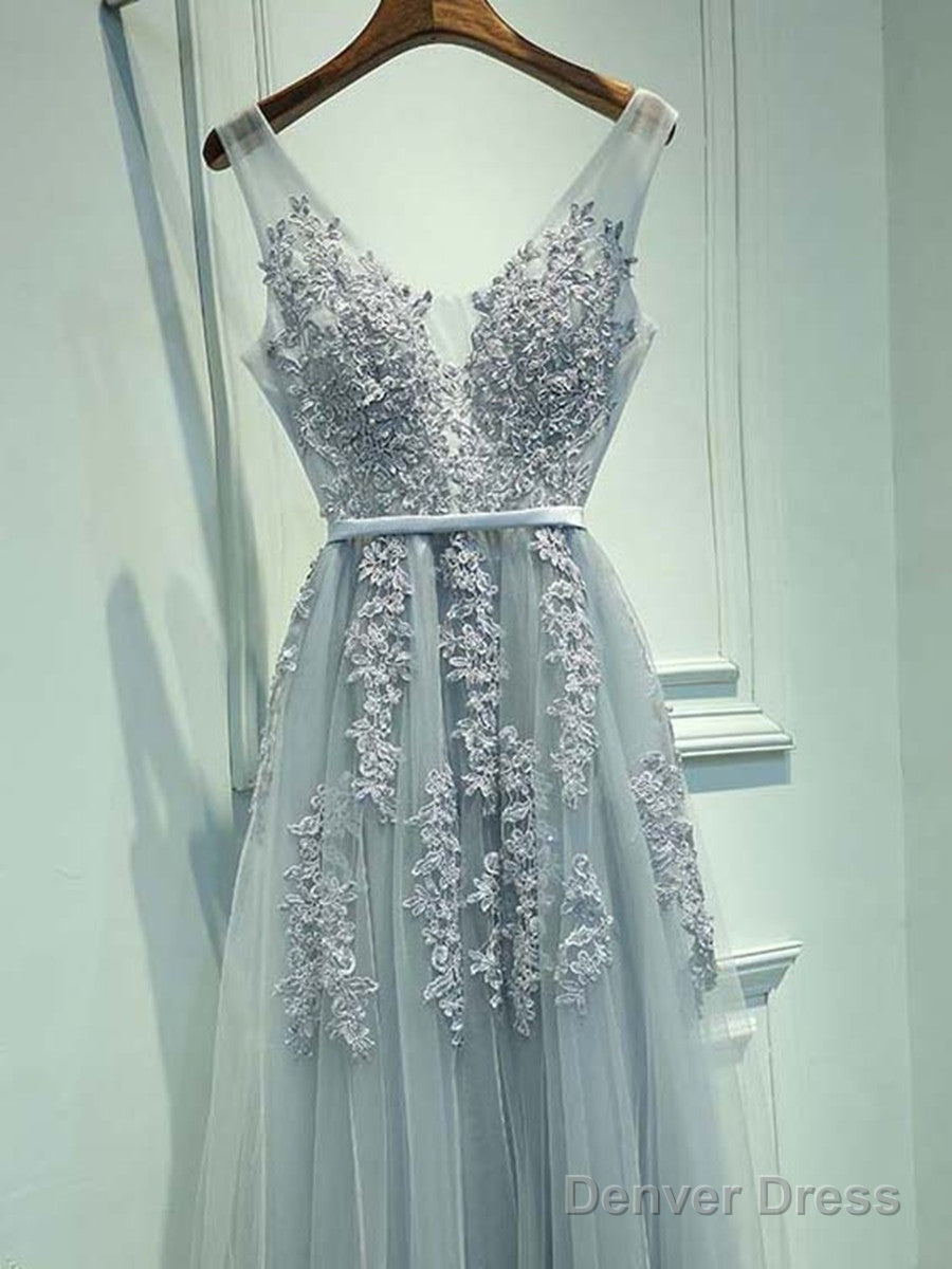 A Line Round Neck Sleeveless Grey Lace Prom Dress, Lace Bridesmaid Dress, Prom Dresses
