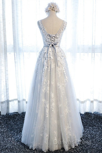 A Line Round Neck Sleeveless Lace Grey/Pink/Champagne Prom Dress, Lace Prom Dress