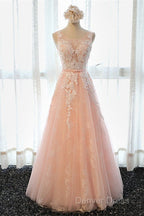 A Line Round Neck Sleeveless Lace Grey/Pink/Champagne Prom Dress, Lace Prom Dress