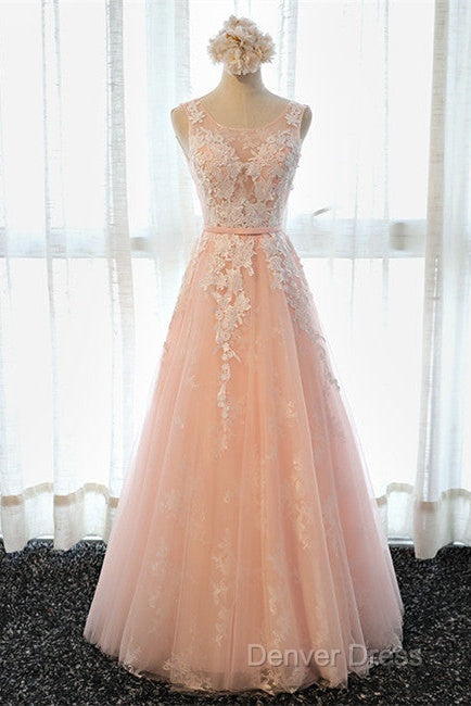 A Line Round Neck Sleeveless Lace Grey/Pink/Champagne Prom Dress, Lace Prom Dress