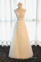 A Line Round Neck Sleeveless Lace Grey/Pink/Champagne Prom Dress, Lace Prom Dress