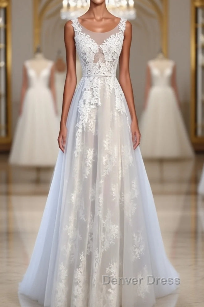 A Line Round Neck Sleeveless Lace Prom Dress, Lace Prom Dresses Main image