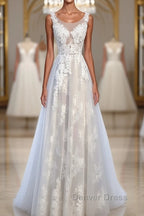 A Line Round Neck Sleeveless Lace Prom Dress, Lace Prom Dresses