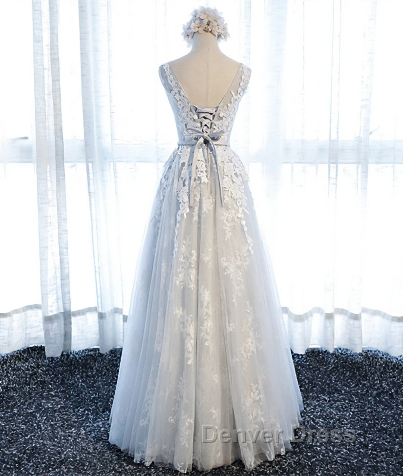 A Line Round Neck Sleeveless Lace Prom Dress, Lace Prom Dresses Secondary image