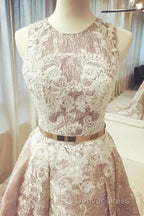 A Line Round Neck Sleeveless Ruched Lace Long Prom Wedding Dresses With Belt