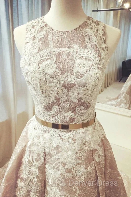 A Line Round Neck Sleeveless Ruched Lace Long Prom Wedding Dresses With Belt