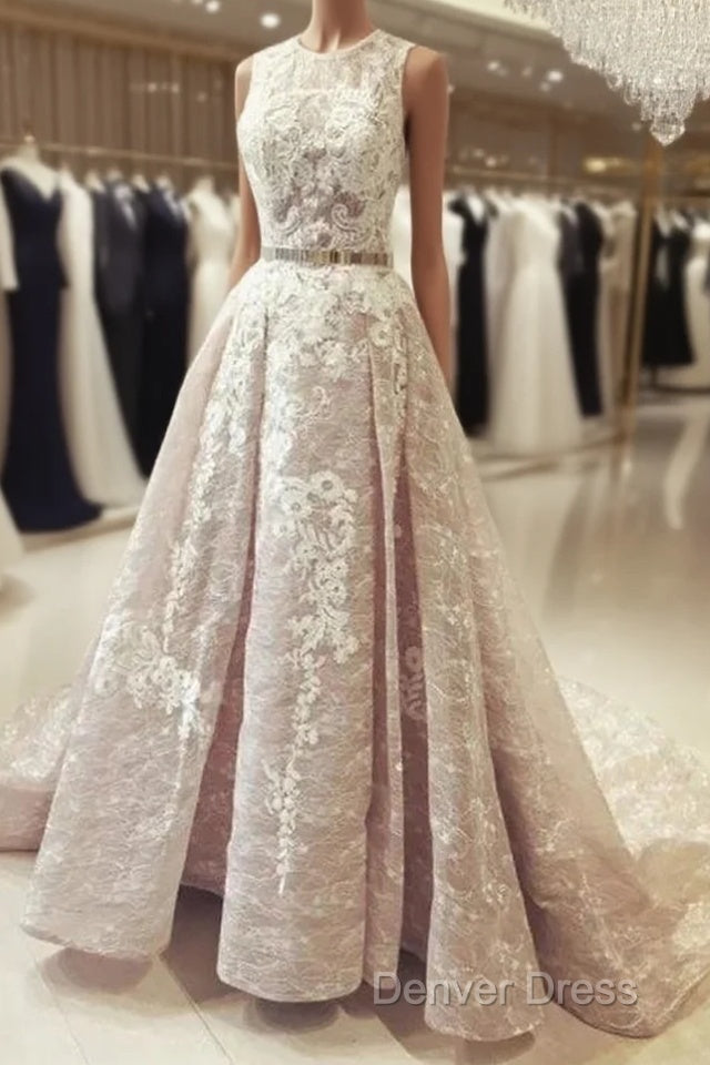 A Line Round Neck Sleeveless Ruched Lace Long Prom Wedding Dresses With Belt