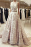 A Line Round Neck Sleeveless Ruched Lace Long Prom Wedding Dresses With Belt