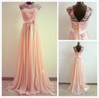 A-Line Round Neck Sweep Train Lace Coral Prom Dress, Formal Dresses, Lace Bridesmaid Dresses
