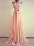 A-Line Round Neck Sweep Train Lace Coral Prom Dress, Formal Dresses, Lace Bridesmaid Dresses