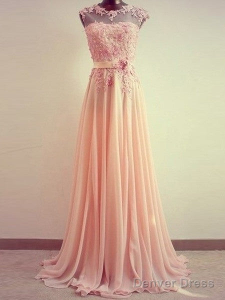 A-Line Round Neck Sweep Train Lace Coral Prom Dress, Formal Dresses, Lace Bridesmaid Dresses