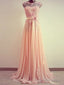 A-Line Round Neck Sweep Train Lace Coral Prom Dress, Formal Dresses, Lace Bridesmaid Dresses