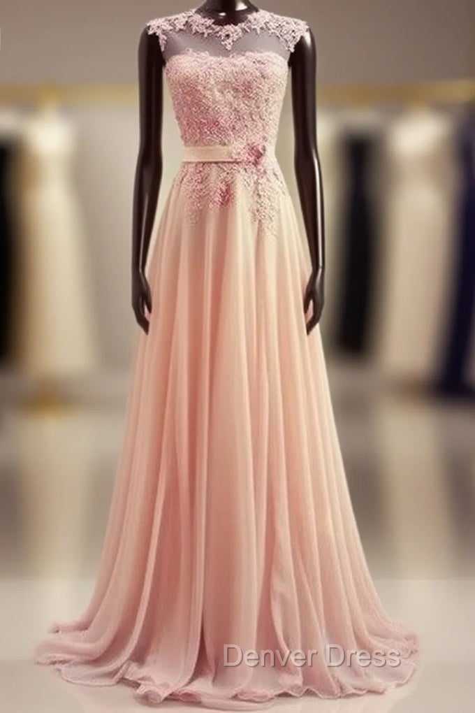 A-Line Round Neck Sweep Train Lace Coral Prom Dresses, Formal Dresses, Lace Bridesmaid Dresses Main image
