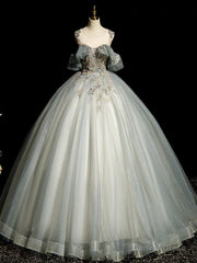 A-Line Round Neck Tulle Gray Blue Long Prom Dress, Tulle Sequin Lace Long Evening Dress