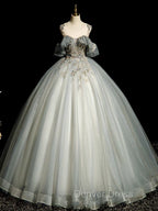 A Line Round Neck Tulle Gray Blue Long Prom Dress, Tulle Sequin Lace Long Prom Dresses