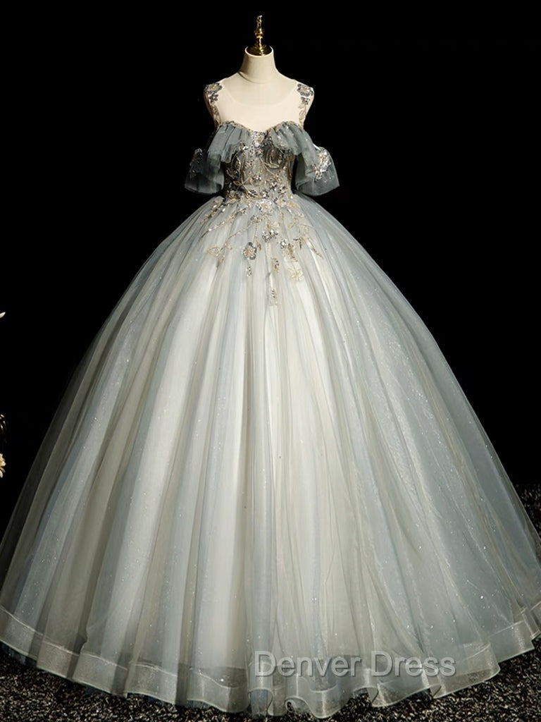 A Line Round Neck Tulle Gray Blue Long Prom Dress, Tulle Sequin Lace Long Prom Dresses