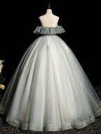 A Line Round Neck Tulle Gray Blue Long Prom Dress, Tulle Sequin Lace Long Prom Dresses