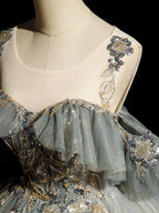 A-Line Round Neck Tulle Gray Blue Long Prom Dresses, Tulle Sequin Lace Long Evening Dresses