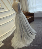 A Line Round Neck Tulle Lace Long Gray Prom Dress, Bridesmaid Dresses