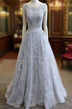 A Line Round Neck Tulle Lace Long Gray Prom Dress, Bridesmaid Dresses