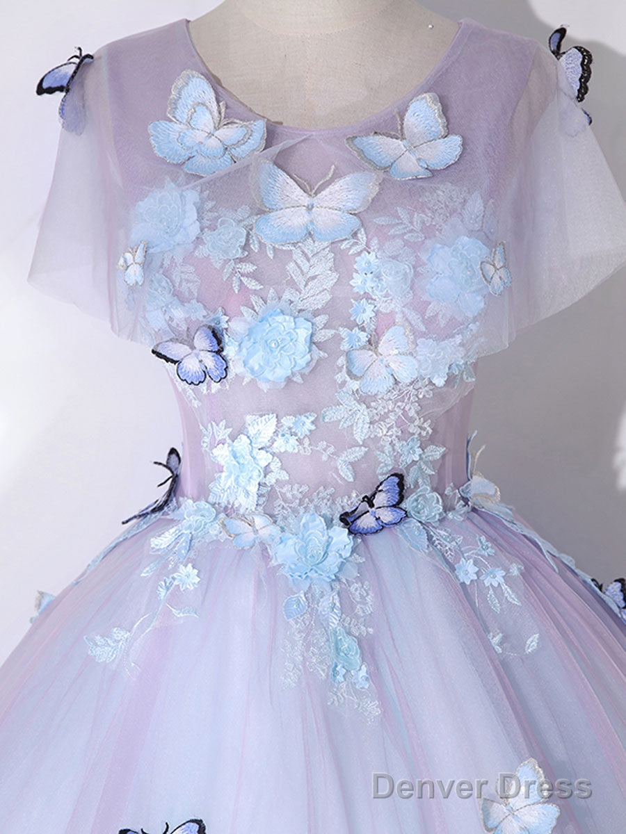 A Line Round Neck Tulle Lace Purple Long Prom Dress, Purple Prom Dresses Secondary image