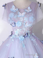 A Line Round Neck Tulle Lace Purple Long Prom Dress, Purple Prom Dresses