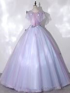 A Line Round Neck Tulle Lace Purple Long Prom Dress, Purple Prom Dresses