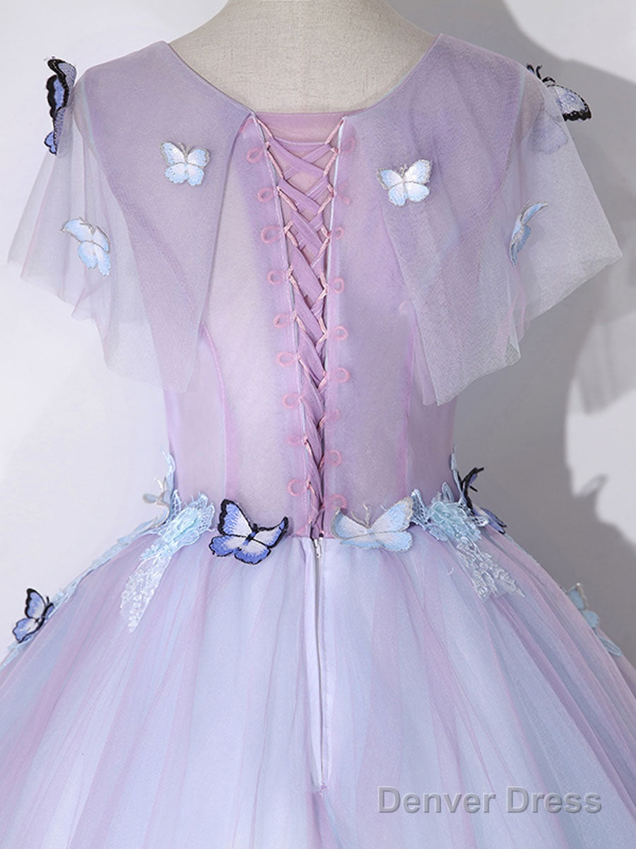 A Line Round Neck Tulle Lace Purple Long Prom Dress, Purple Prom Dresses