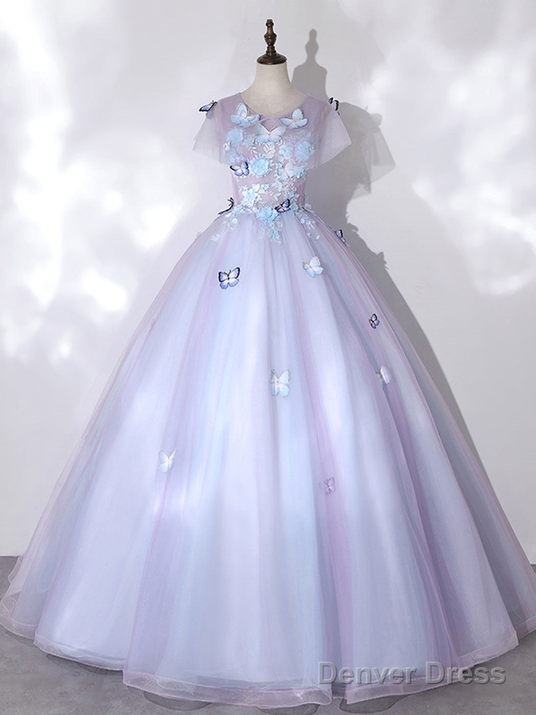 A Line Round Neck Tulle Lace Purple Long Prom Dress, Purple Prom Dresses Main image