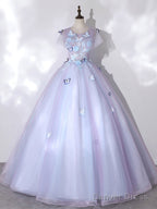 A Line Round Neck Tulle Lace Purple Long Prom Dress, Purple Prom Dresses