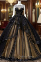A Line Round Neck Tulle Long Prom Dress, Elegant Prom Dresses