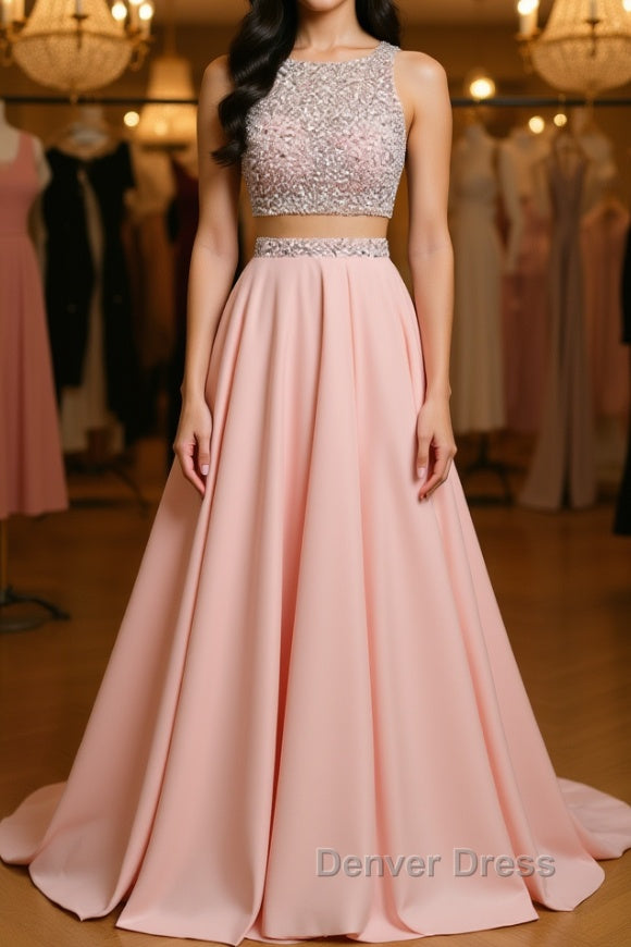 A Line Round Neck Two Pieces Beaded Pink Prom Dress, Two Pieces Pink Prom Dress, Pink Prom Dresses